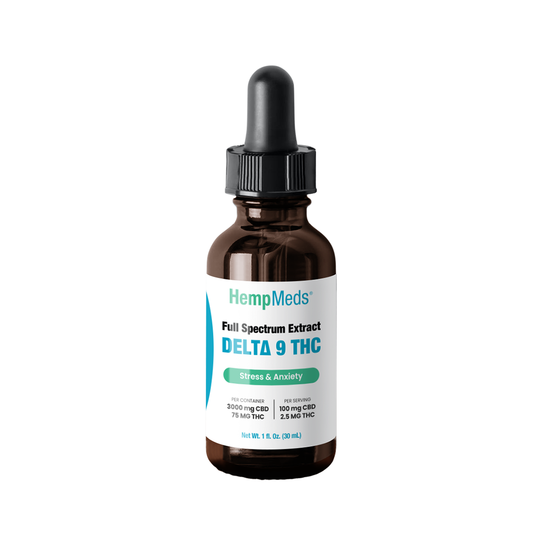 HempMeds Delta 9 THC Oil wtih a white background.