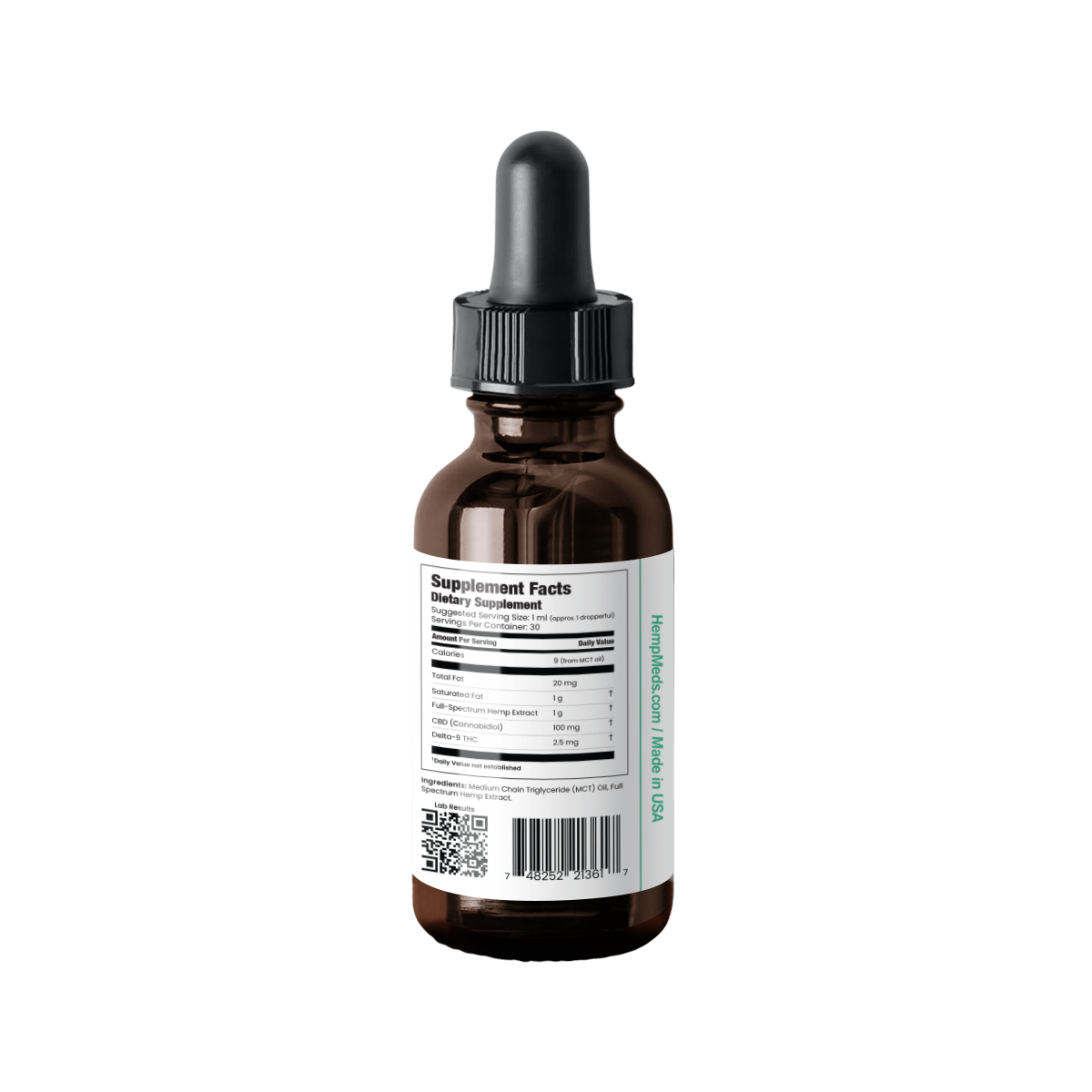 Supplement Facts for HempMeds Delta 9 THC Oil wtih a white background.