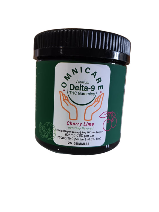 Cherry Lime Gummies with 25mg CBD + 5mg Delta-9 THC per gummy with a white background.