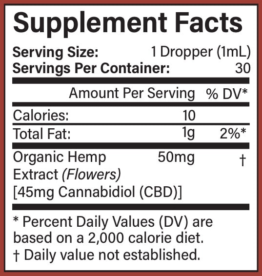 Supplement Facts label for Organic CBD Tincture – Calming Mint from OmniCare CBD wtih a red border.