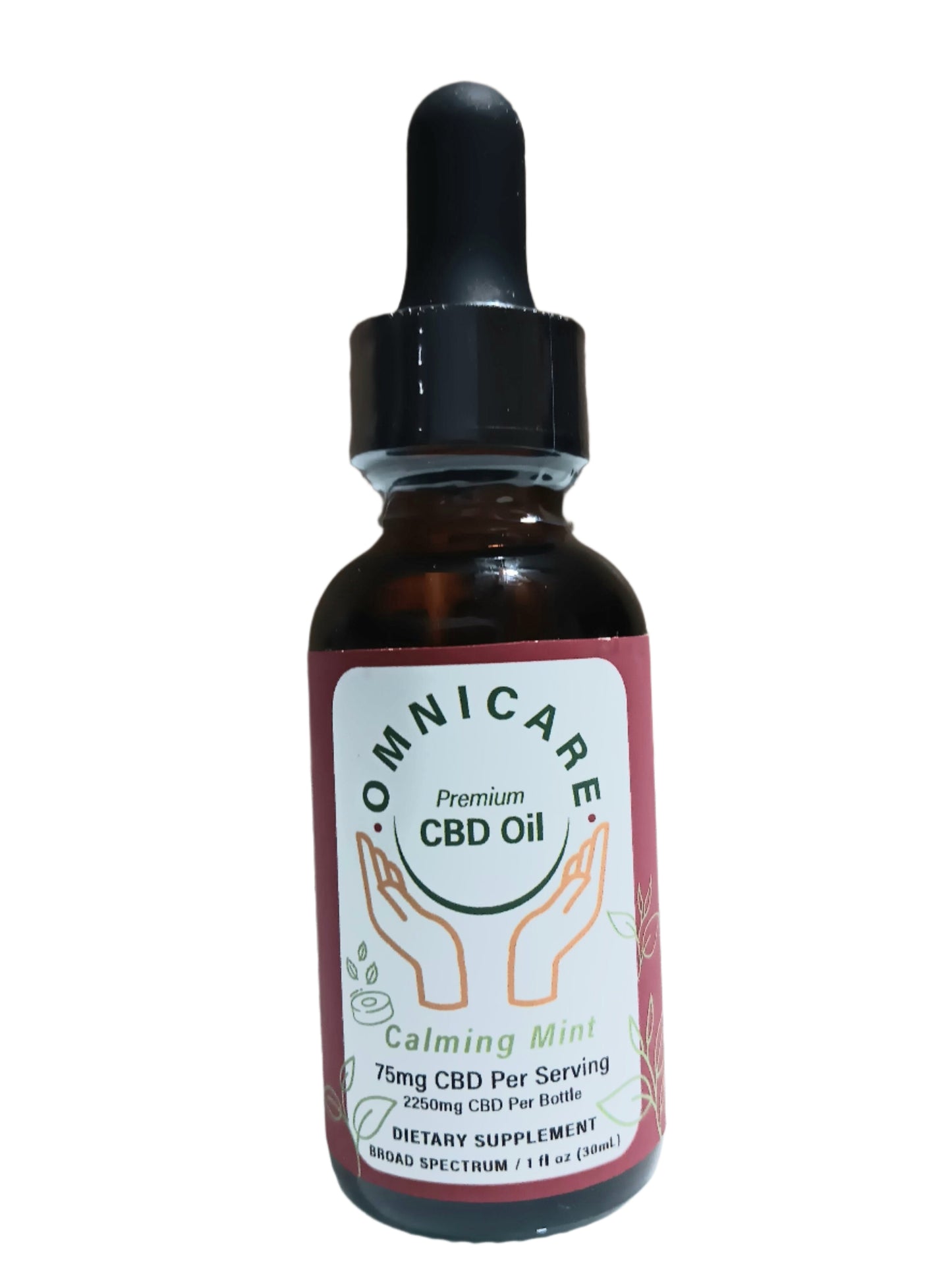 Organic CBD Tincture – Calming Mint flavor 75MG from OmniCare CBD with a white background.