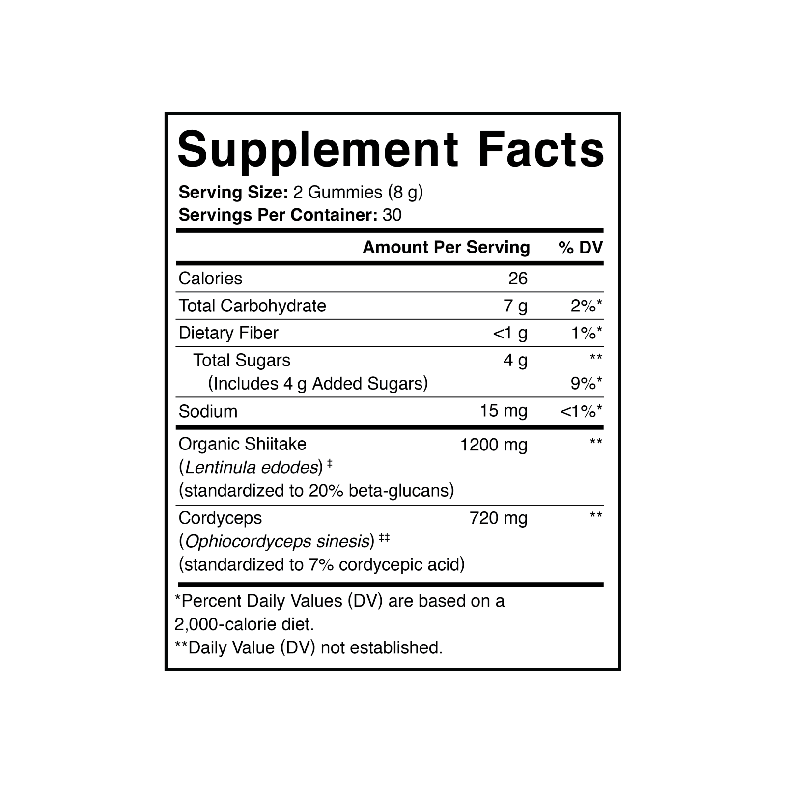 Supplement Facts for ENERGY SUPPORT WITH CORDYCEPS & SHIITAKE MUSHROOM GUMMY - Peach Iced Tea flavor with a white background.