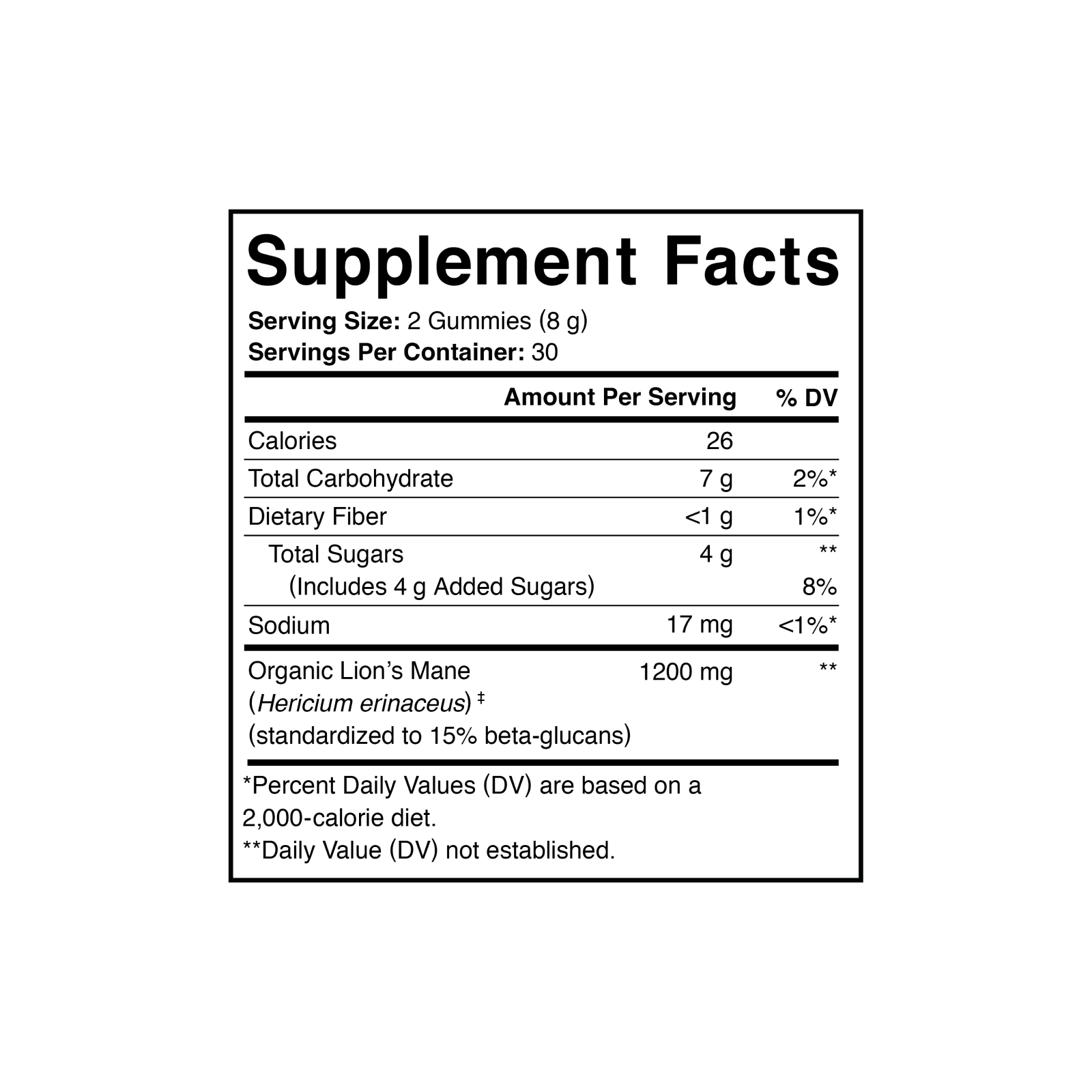 Supplement Facts for FOCUS SUPPORT WITH LION'S MANE MUSHROOM GUMMY - Tangerine flavor witbh a white background.