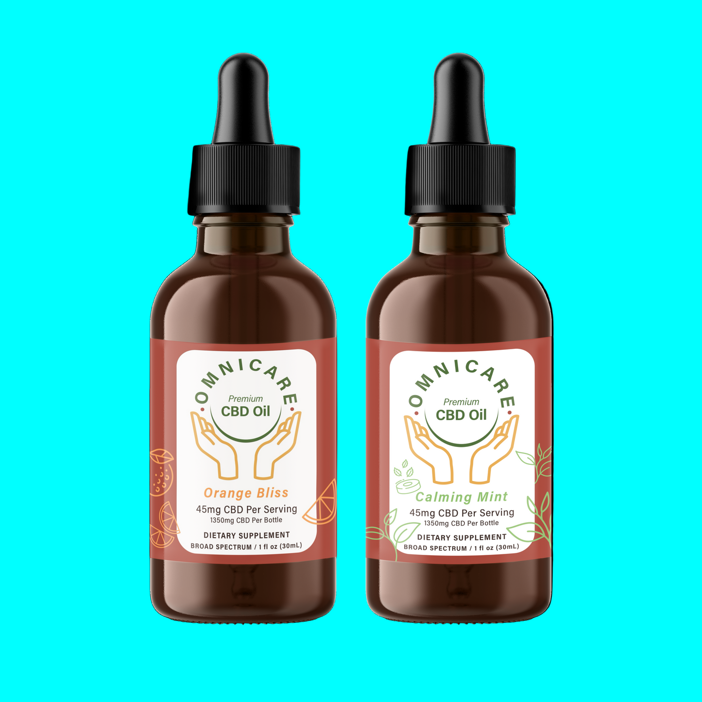 Mood & Mind Bundle featuring Organic CBD Tinctures – 45mg Orange Bliss & Calming Mint flavors from OmniCare CBD in a light blue background.