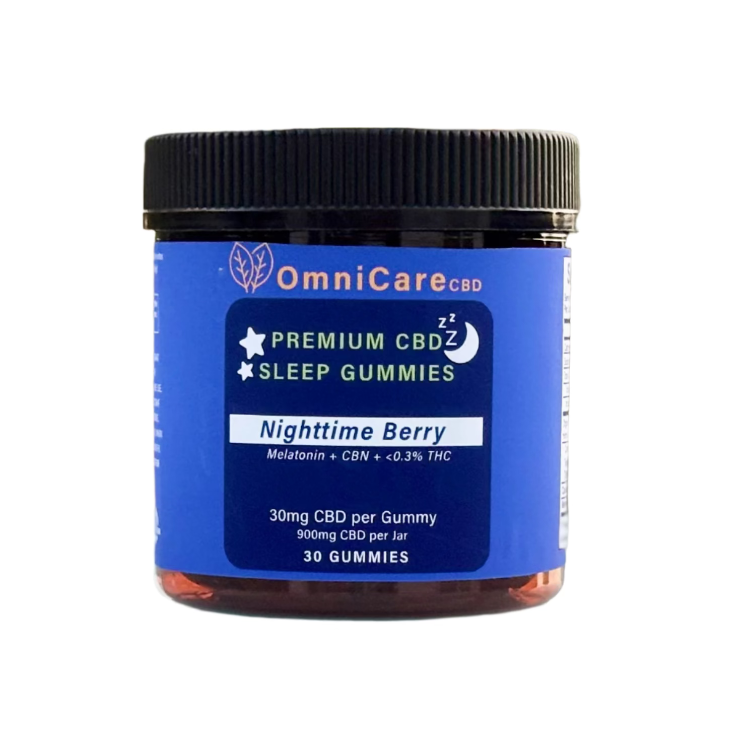 CBD Sleep Gummies with CBN & THC – Nighttime Berry flavor from OmniCare CBD with a white background.