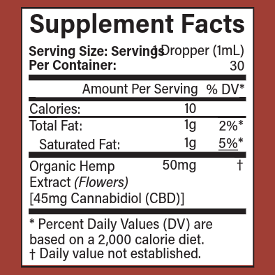 Supplement Facts label for Organic CBD Tincture – 45mg Orange Bliss from OmniCare CBD with a red border.