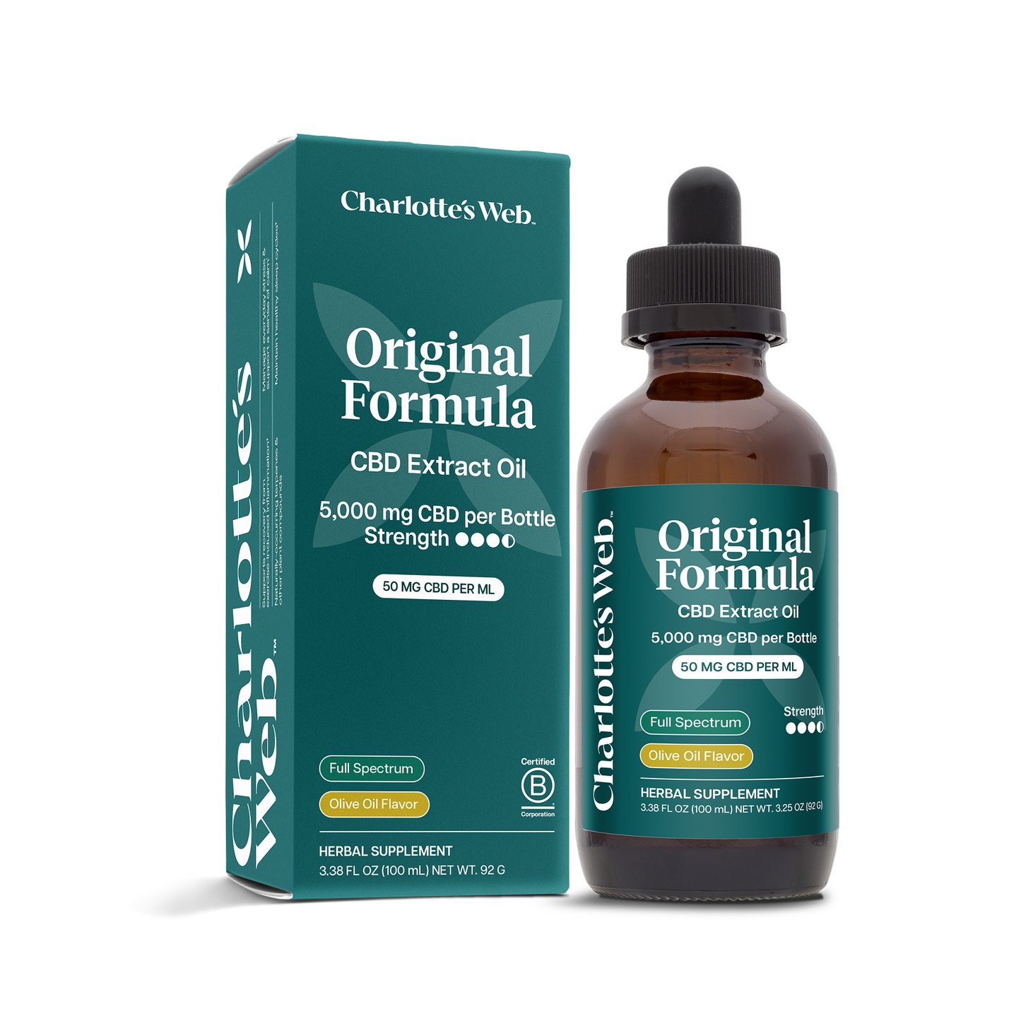 Charlotte's Web Original Formula CBD Extract Oil bottle and packaging on a white background