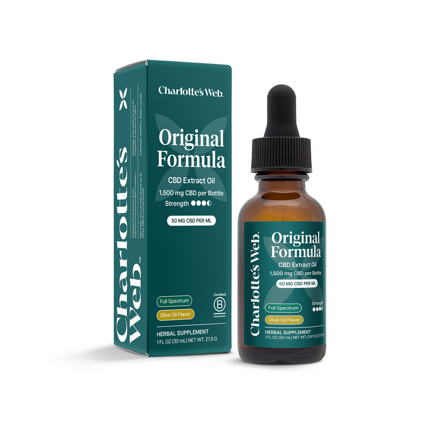Charlotte's Web Original Formula CBD Extract Oil bottle and packaging on a white background