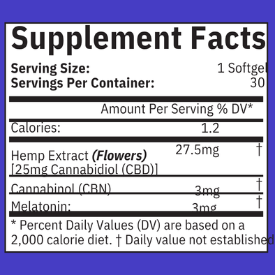 Supplement facts label for Restful Sleep Softgels with CBN and melatonin content on a blue background