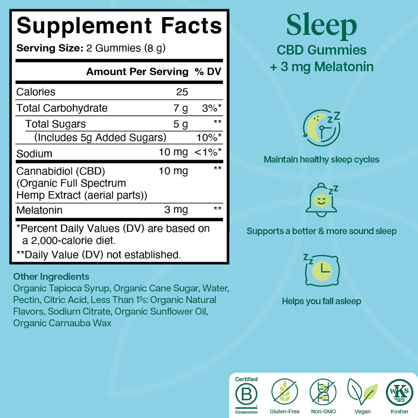 Supplement facts label for CBD gummies with melatonin on a blue background