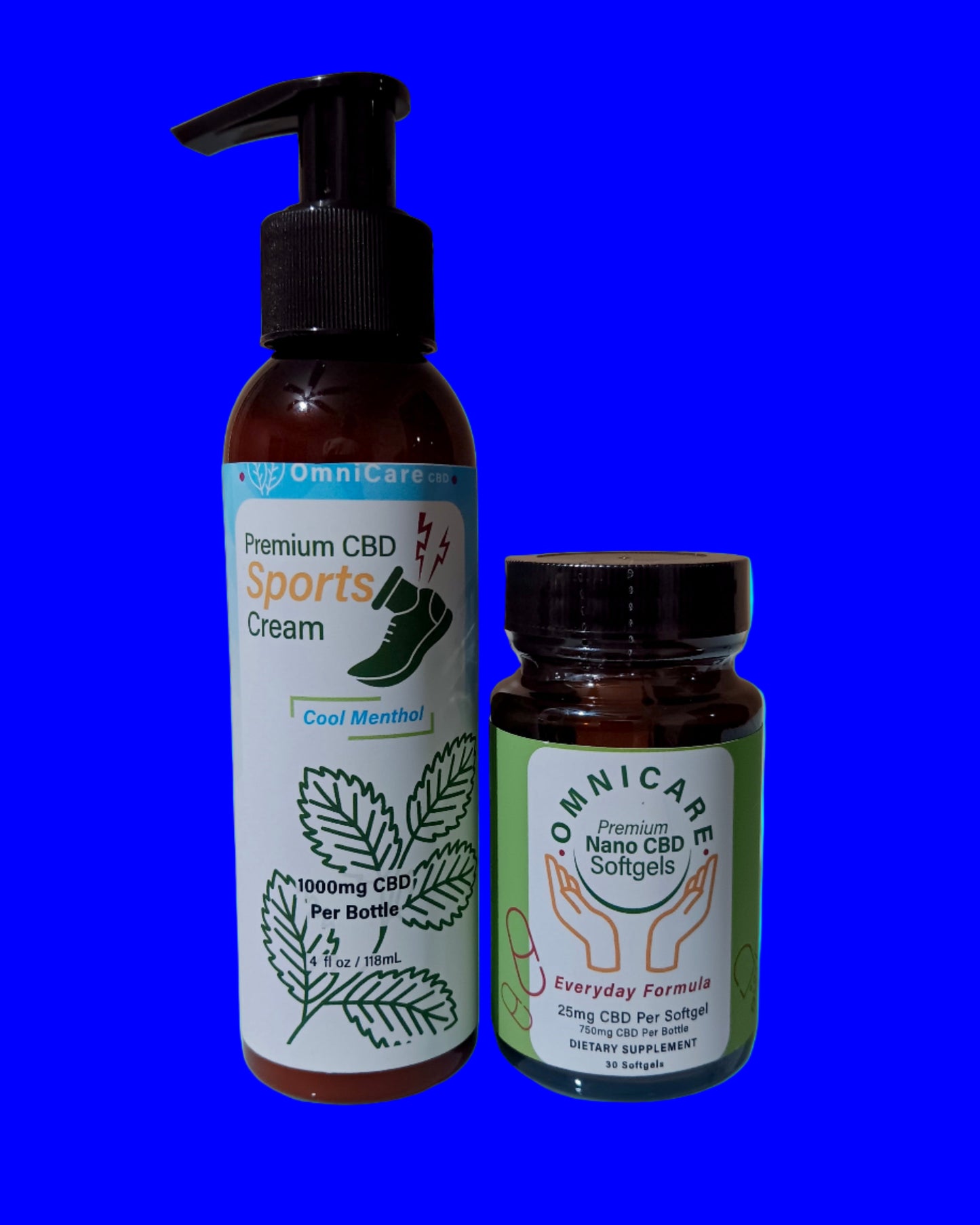 Sports Bundle featuring 1000mg CBD Sports Cream – Menthol and CBD Softgels Broad Spectrum 25mg - Everyday Formula with a blue background.