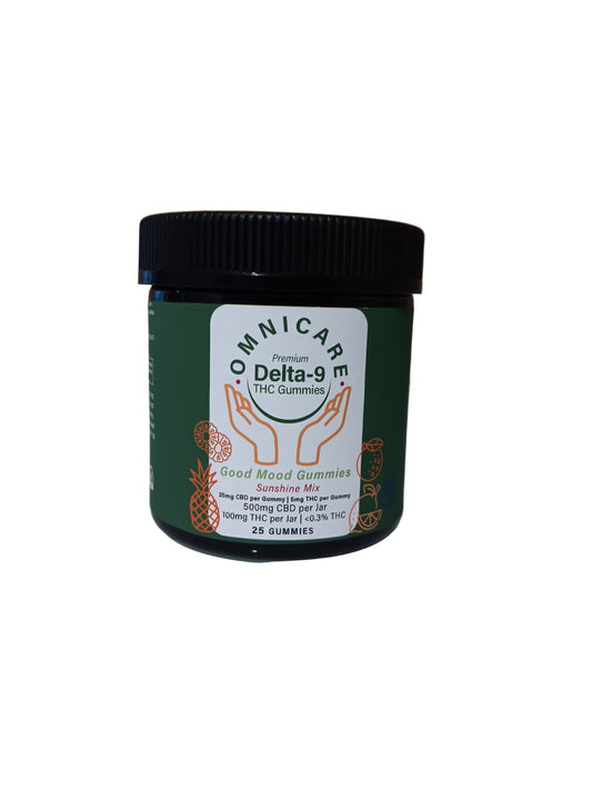 Good Mood Gummies — 25MG CBD + 5MG Delta-9 Sunshin Mic flavor with a white background.