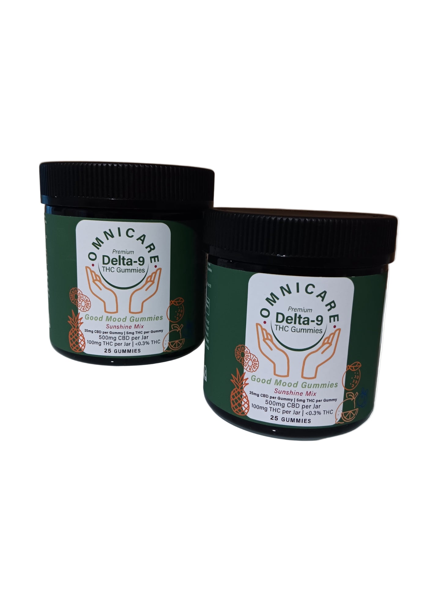 2 pack value pack of  Good Mood Gummies — 25MG CBD + 5MG Delta-9, sunshine mix flavor, with a white background.