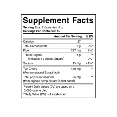 Supplemtn Facts for ENERGY & ENDURANCE GUMMY 25MG  - Passion Fruit flavor with a white background.