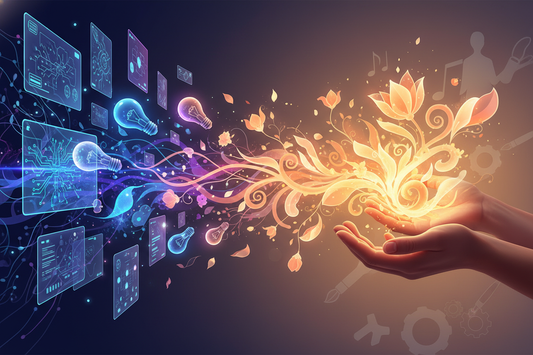 Illustrations showing ideas flowing from AI tools into human hands 