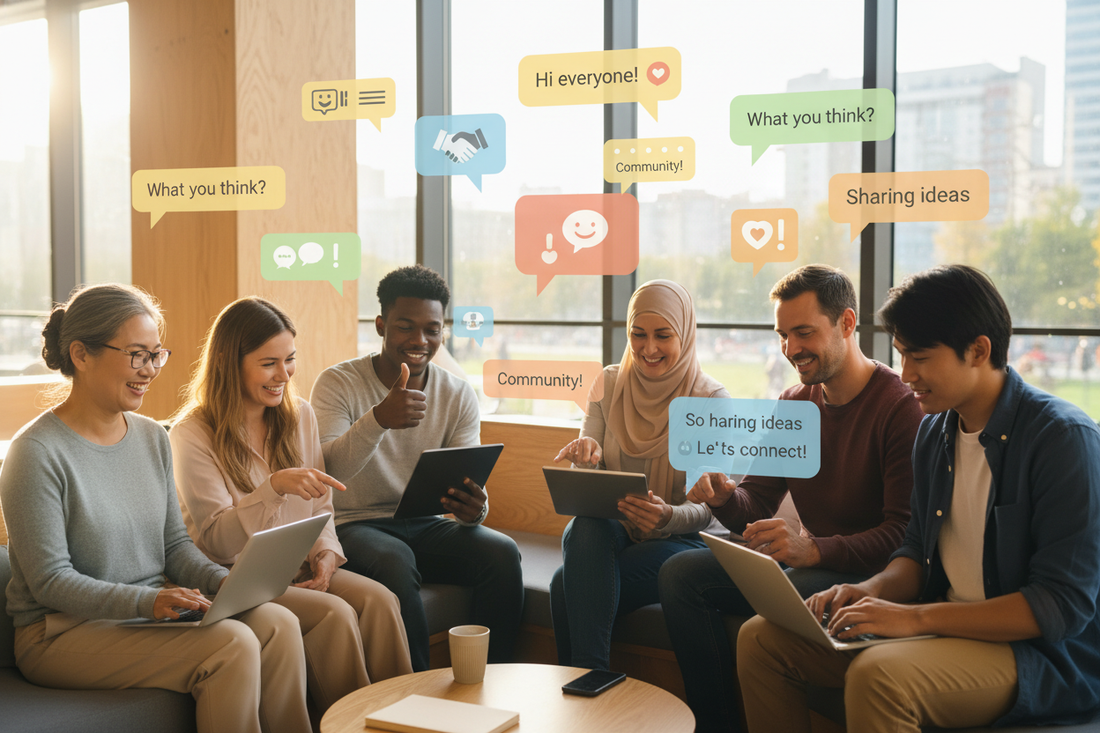 6 people interacting online with chat bubbles sowing their interactions. 