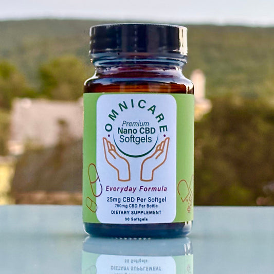 CBD for Everyday Wellness Softgels for daily wellness support, with a natural background. 