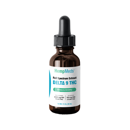 HempMeds Delta 9 THC Oil wtih a white background. 