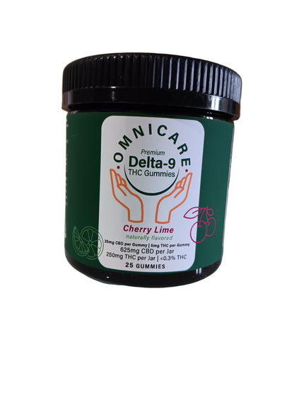 Cherry Lime Gummies with 25mg CBD + 5mg Delta-9 THC per gummy with a white background. 