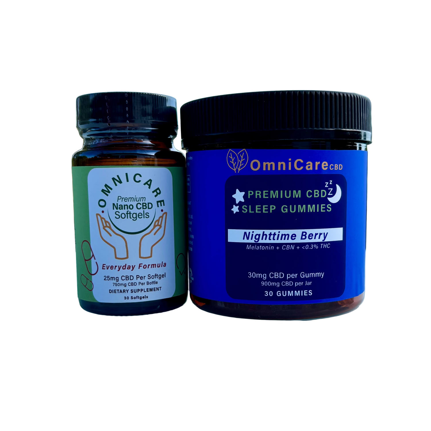 24/7 Wellness Bundle featuring Everyday Formula CBD Softgels for daytime balance and CBN + THC Sleep Gummies for restful sleep in a white background.