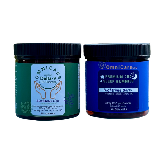 Sleep & Chill Bundle featuring CBD and THC gummies for relaxation, stress relief, and restful sleep with a white background.