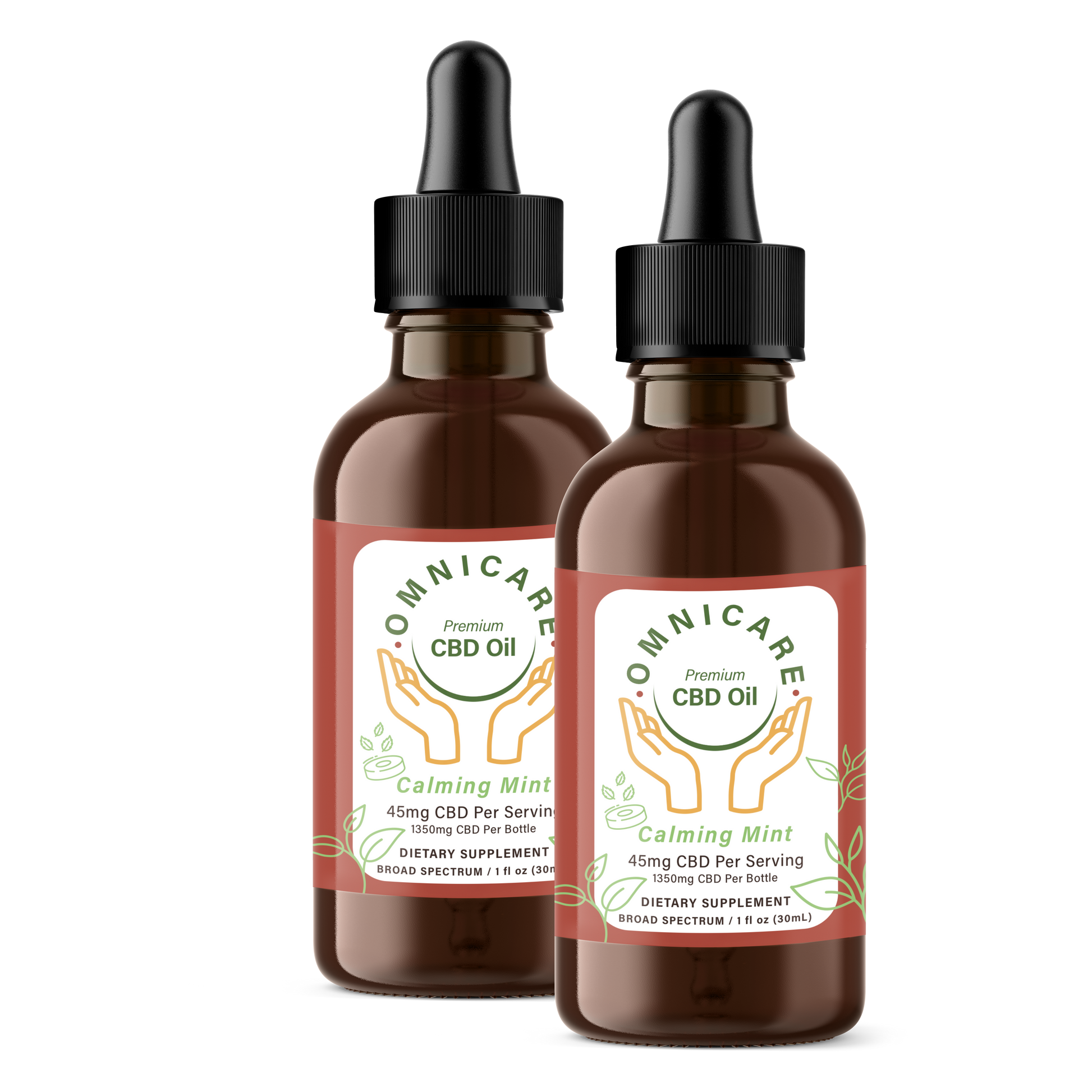 Two bottles of Omnicare CBD Calming Mint 45mg Oil on a white background