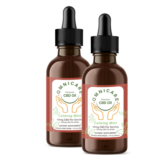 Two bottles of Omnicare CBD Calming Mint 45mg Oil on a white background