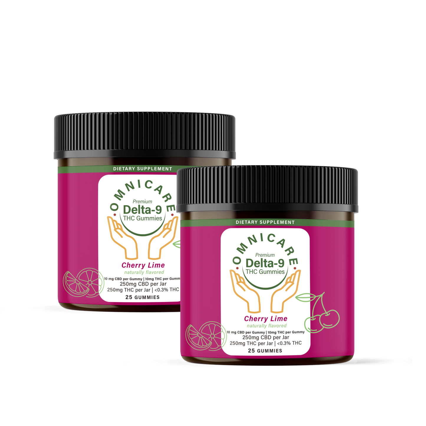Two jars of Omnicare Delta-9 THC Gummies Cherry Lime flavor on a white background