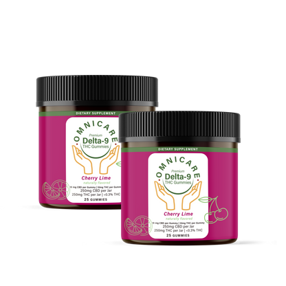 Two jars of Omnicare Delta-9 THC Gummies Cherry Lime flavor on a white background