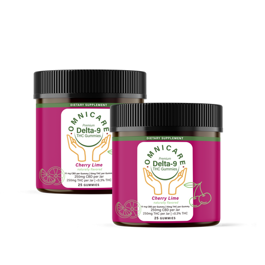 Two jars of Omnicare Delta-9 THC Gummies Cherry Lime flavor on a white background
