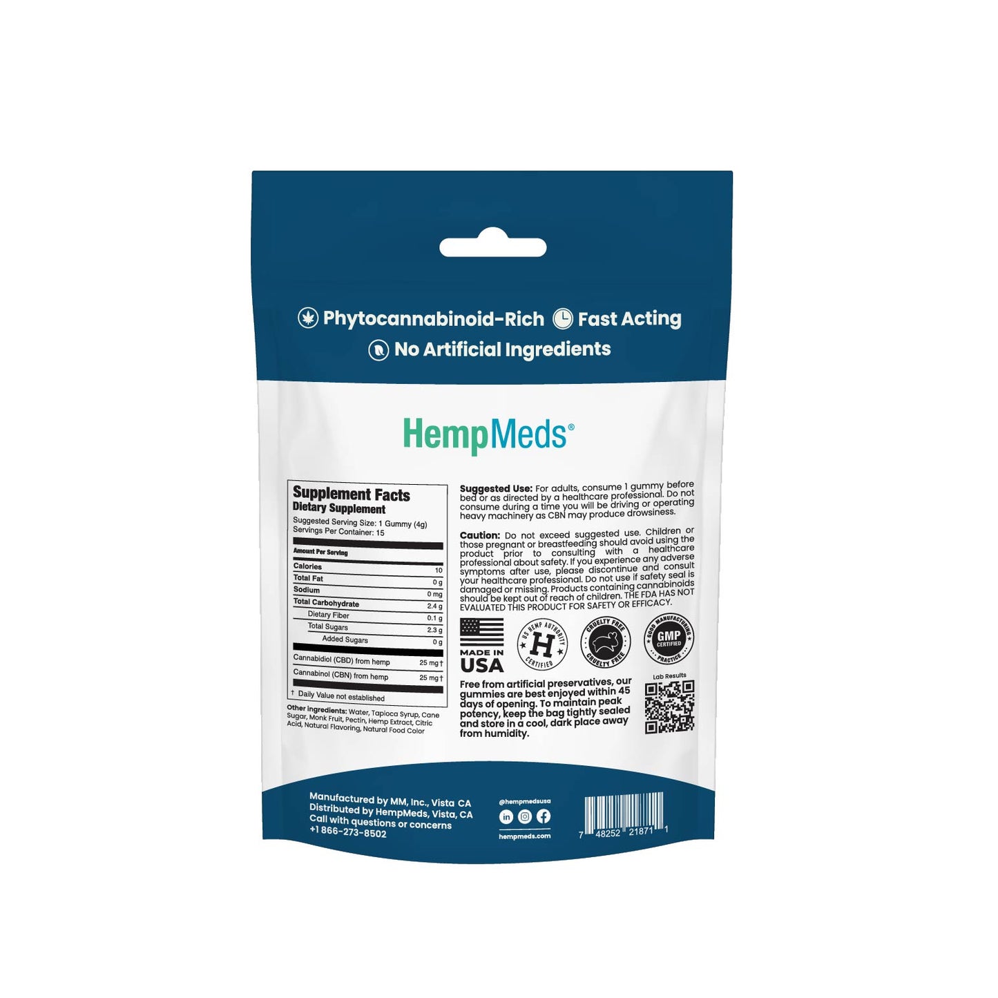 HempMeds Full Spectrum Sleep Support Gummies Supplement Facts on a white background