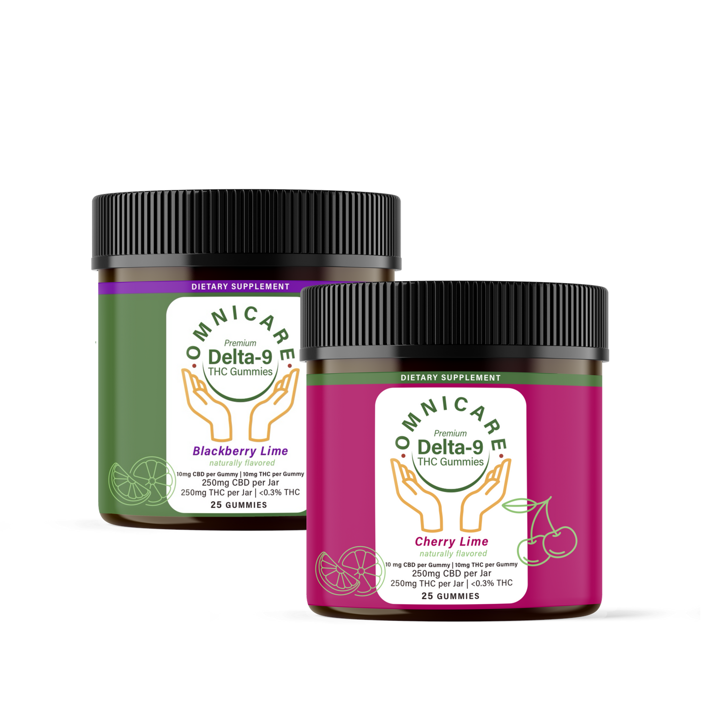 Two jars of Omnicare Delta-9 THC gummies, one blackberry lime and one cherry lime, on a white background.