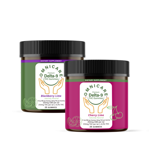Two jars of Omnicare Delta-9 THC gummies, one blackberry lime and one cherry lime, on a white background.