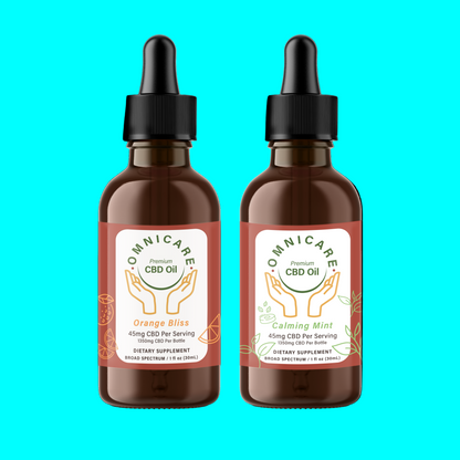 Mood & Mind Bundle featuring Organic CBD Tinctures – 45mg Orange Bliss & Calming Mint flavors from OmniCare CBD in a light blue background.