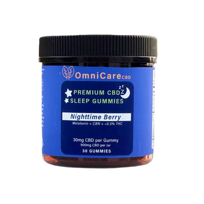 CBD Sleep Gummies with CBN & THC – Nighttime Berry flavor from OmniCare CBD with a white background. 