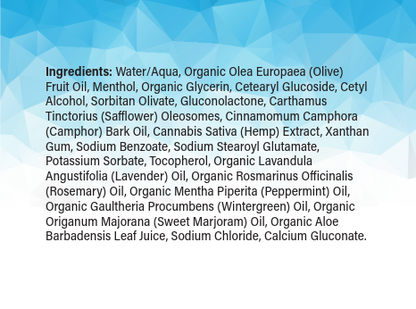 Ingredients label for 1000mg CBD Sports Cream - Menthol from OmniCare CBD with a light blue and white background.