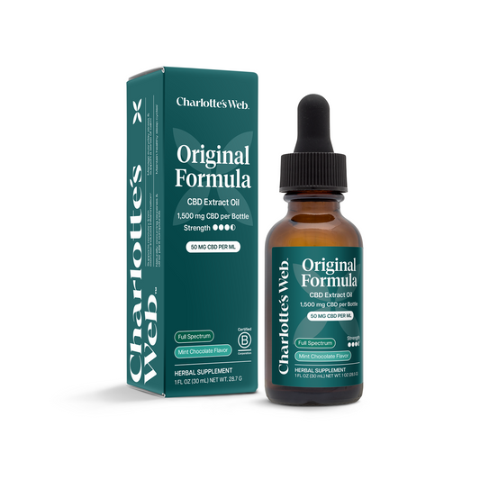 Charlotte's Web CBD Extract Oil bottle and packaging on a white background
