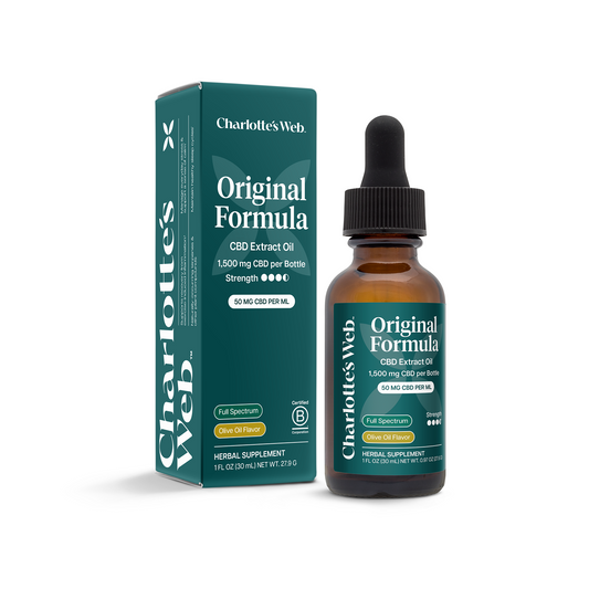 Charlotte's Web Original Formula CBD Extract Oil bottle and packaging on a white background