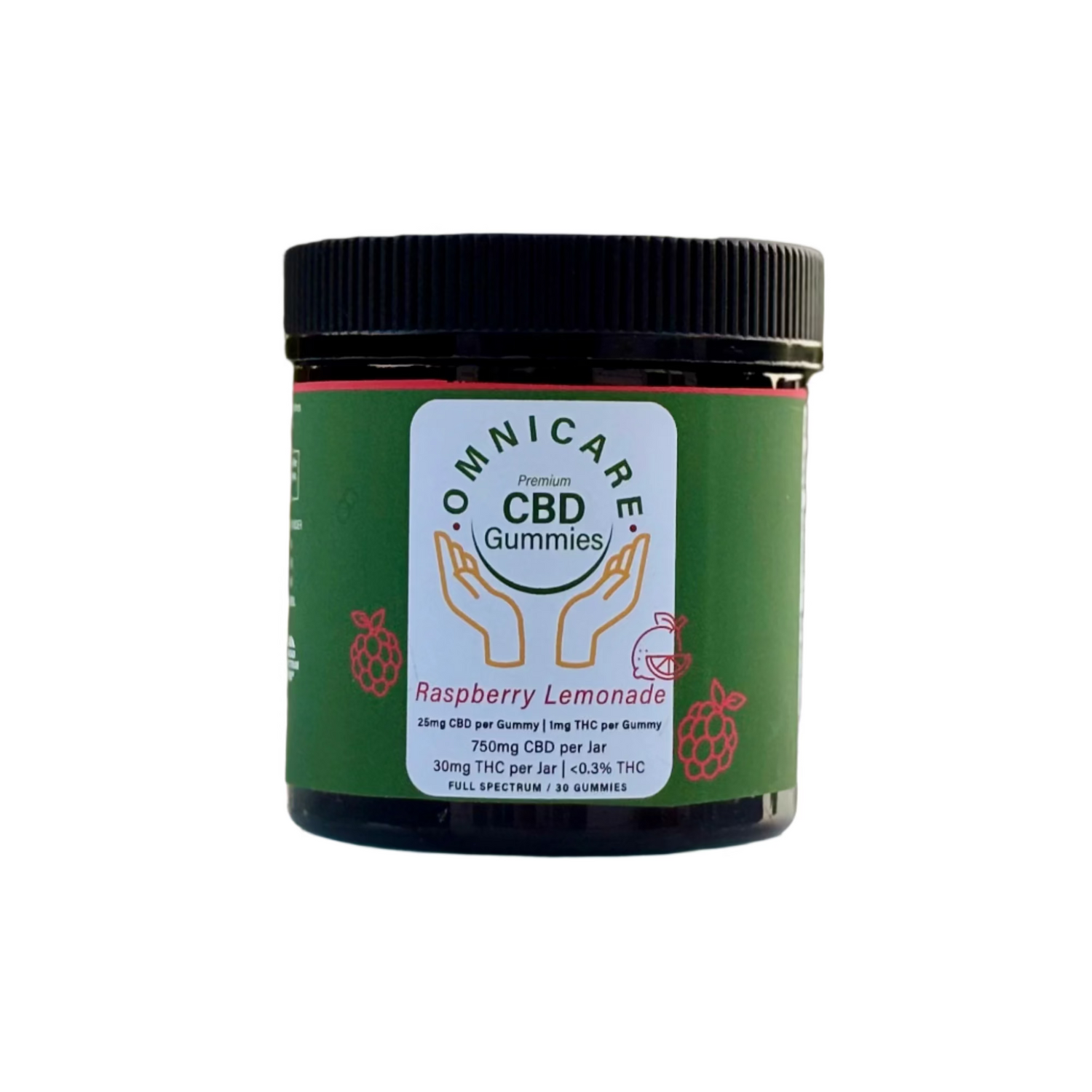 Organic full spectrum CBD gummies – 25mg Raspberry Lemonade flavor from OmniCare CBD wtih a white background.