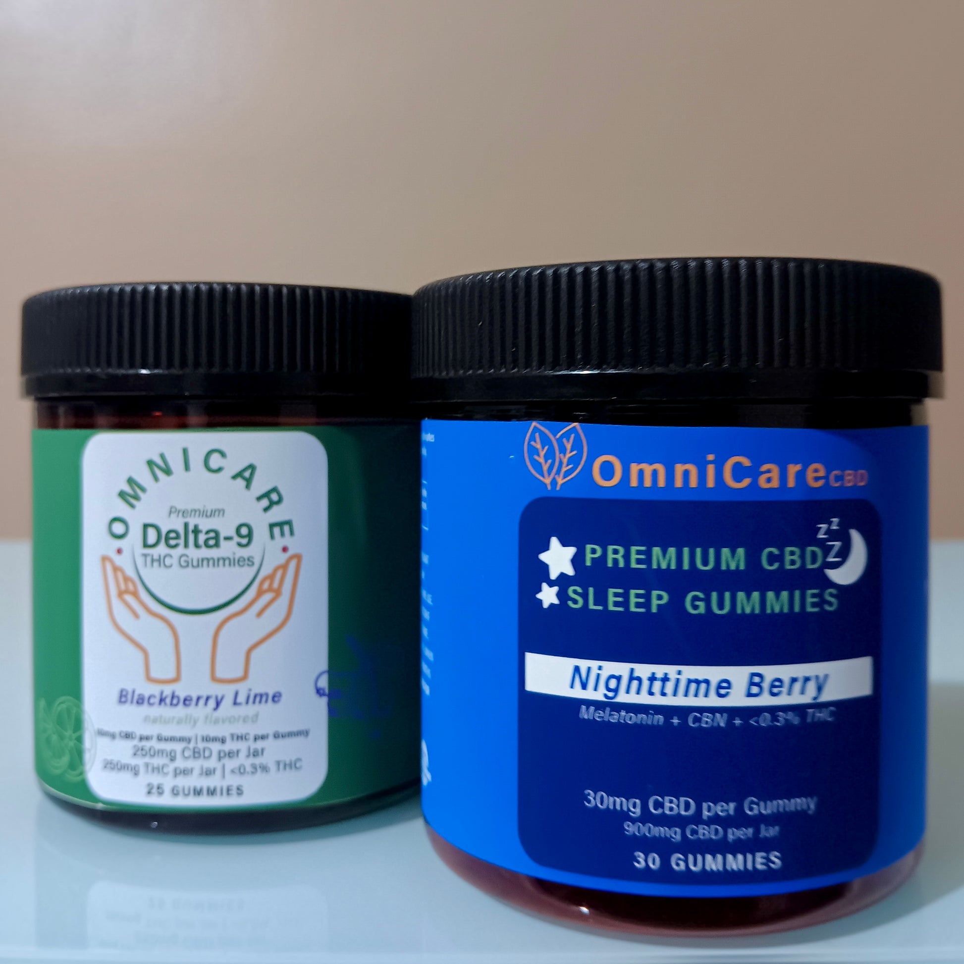 Sleep & Chill Bundle featuring CBD and THC gummies for relaxation, stress relief, and restful sleep on dull white surface with a tan background.