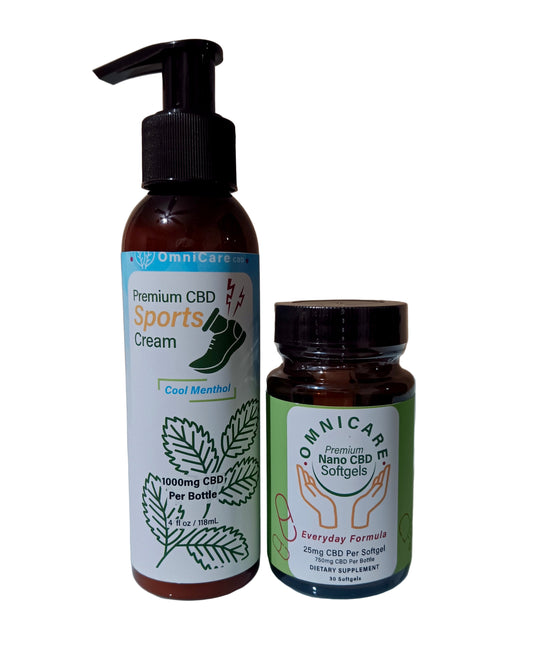 Sports Bundle featuring 1000mg CBD Sports Cream – Menthol and CBD Softgels Broad Spectrum 25mg - Everyday Formula with a white background.