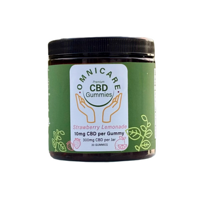 Organic CBD Gummies 10mg No THC - Strawberry Lemonade flavor from OmniCare CBD wtih a white background.