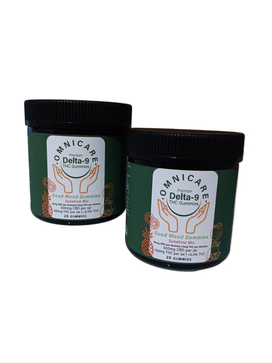 2 pack value pack of  Good Mood Gummies — 25MG CBD + 5MG Delta-9, sunshine mix flavor, with a white background. 