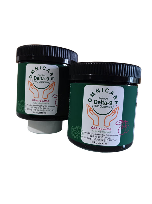  Cherry Lime Gummies Value Pack. 25mg CBD + 5mg Delta-9 THC per gummy with a white background.